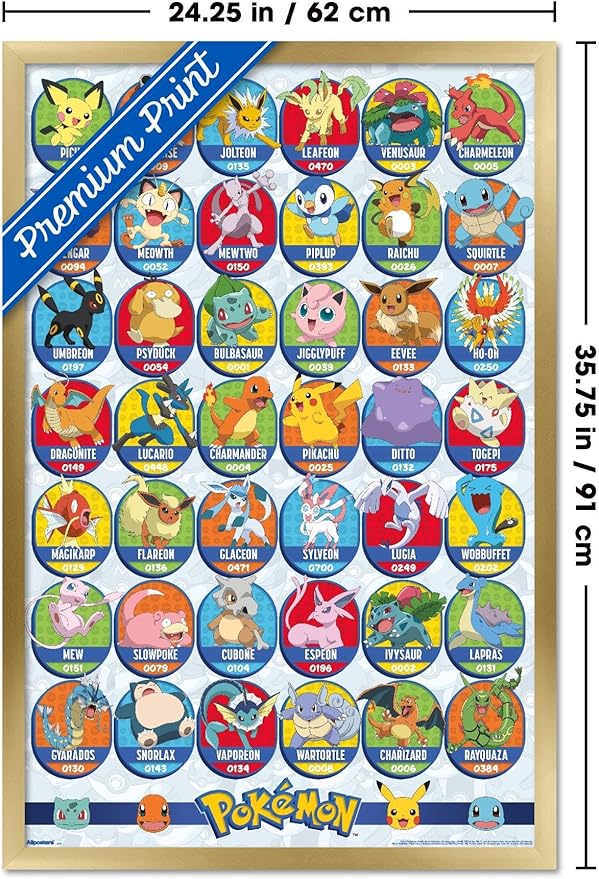 Pokémon: All-Time Favorites - Grid Wall Poster, 34L" x 22.4W", Gold Framed Version
