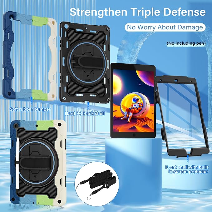 for iPad 9th 8th 7th Gen Case 10.2 inch with Screen Protector | 360° Rotating Kickstand Hand Strap Shoulder Strap Heavy Duty Military Grade - Kids Friendly