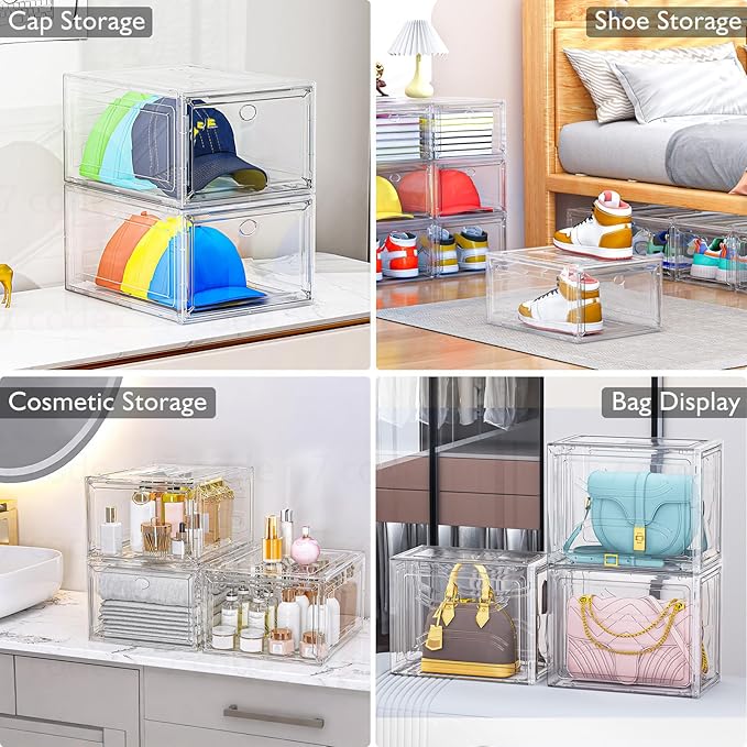 Thickened Clear Shoe Storage Organizer with Magnetic Door, Sturdy Stackable Shoe Boxes for Closet, Collapsible Space-Saving Shoe Rack for Sneakers & Boots, Plastic Shoe Cabinet Box Set, 6 Pack, White