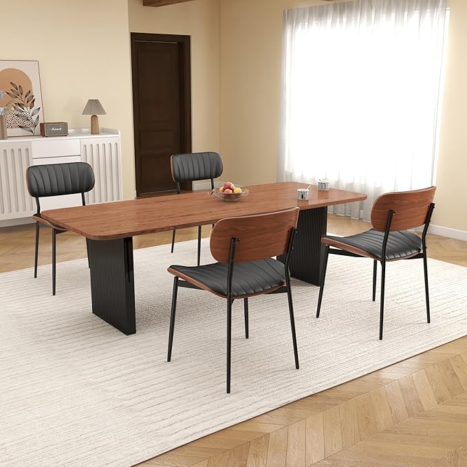 Mid Century Modern Dining Chairs Set of 4,Upholstered Faux Leather Kitchen Chairs with Walnut Bentwood Back and Metal Legs for Kitchen Dining Room Living Room, Black