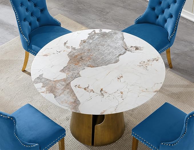 5-Piece Faux Marble Round Dining Table Set for 4, Modern Luxury Kitchen Table Set for 4 with Blue Tufted Chairs,Circle Dining Tables with Pandora Grain Top and Bronze Pedestal Base