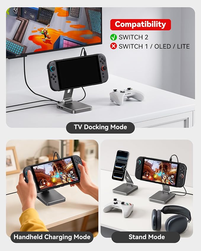 Foldable Magnetic Stand Holder for Nintendo Switch 2 iPhone | Aluminum Alloy Adjustable Design MagSafe-Compatible Portable Kickstand Mount Switch 2 Accessories for Desktop &amp Travel