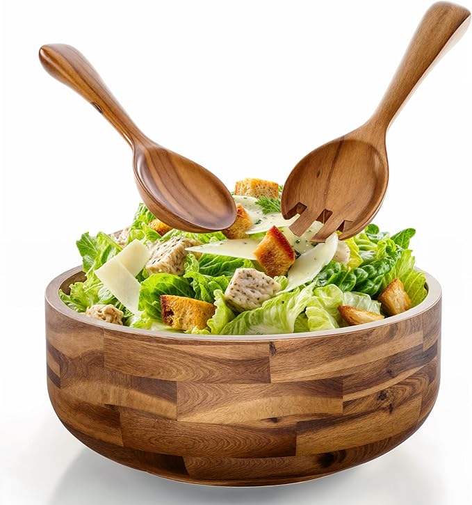 12" Salad Bowl Set with 2 Wooden Hands - Large Acacia Wood Serving Bowl with Serving Utensils - Big Mixing Bowl for Fruits, Salad,Pasta for Kitchen Counter (12" Diameter x 4.5" Height)