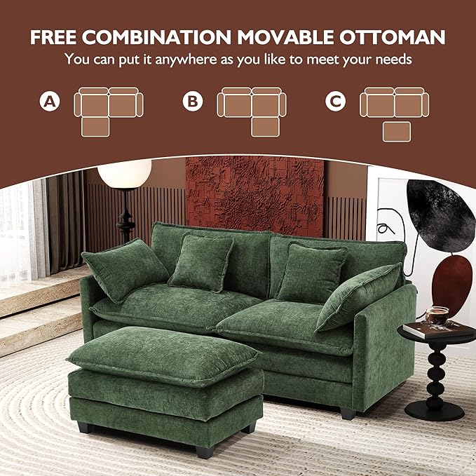 Ihanherry 77" L Shaped Modern Sofa Modular Sectional Cloud Couch with Ottoman, 3-Seat Chenille Deep Seat Sofa with Pillow for Living Room, Bedroom and Apartment, Green