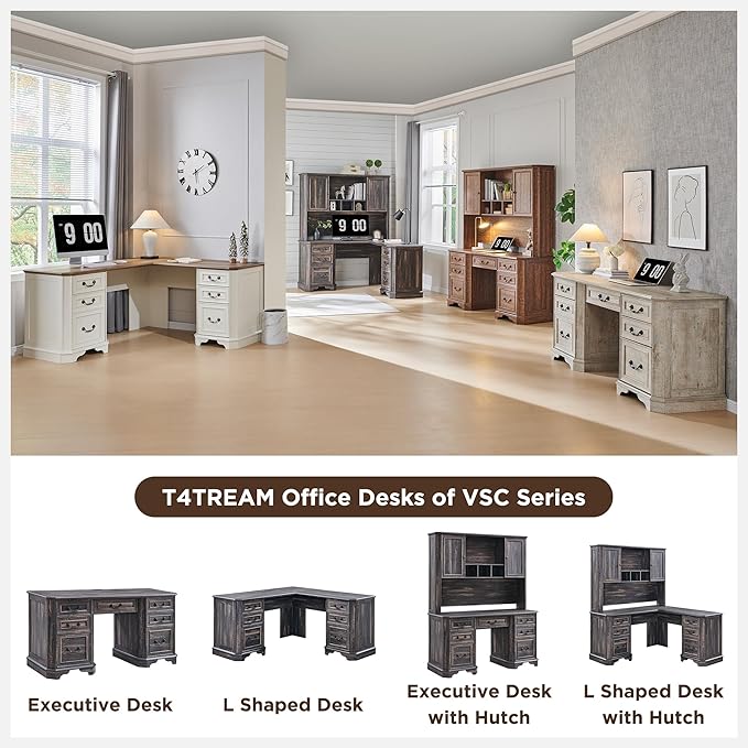 T4TREAM 59" Farmhouse Executive Desk with Drawers,Wood Home Office Computer Desk, Featuring Keyboard Tray,Charging Station,File Drawer, Storage Cabinet,for Work and Study (Dark Rustic Oak)