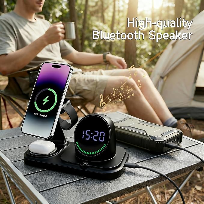 6-in-1 Wireless Charging Station with 30W Fast Adapter RGB Ambient Light Digital Clock &amp Bluetooth Speaker Multi-Function Desktop Charger for Wireless Charging Phones Earbuds &amp Watch