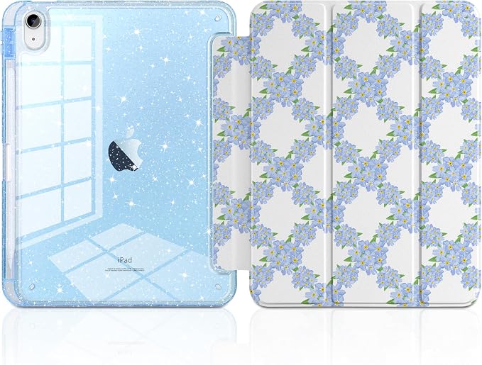 MEEgoodo Case for iPad A16 11th Generation 2025/10th Generation 2022 Glitter Tablet Cases with Transparent Acrylic Back+Trifold Stand +Pencil Holder+Auto Wake/SleepAbstract Sun &amp Palm Tree