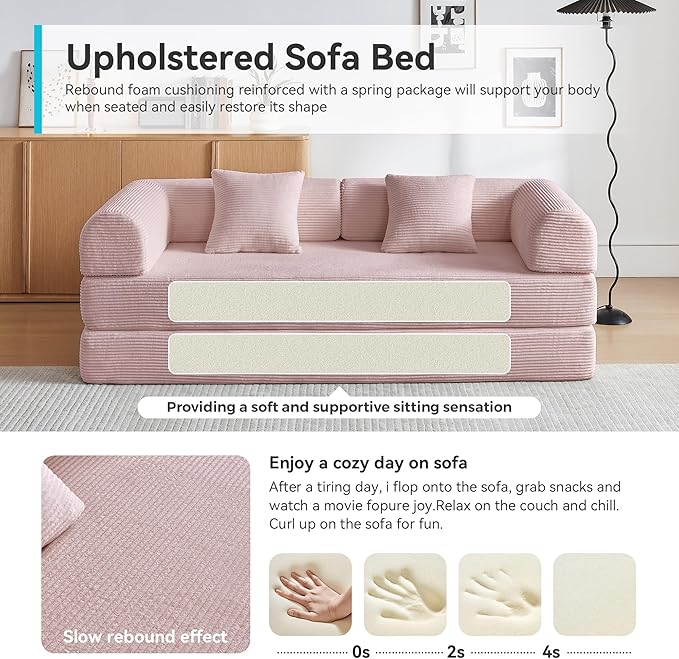 Compression Sofa, Cloud Sectional Sofa,Sofa Bed, Boneless Modular Sectional Sofa with 2 Pillow, Comfy Fluffy Couch with Futon Bed, Perfect for Living Room, Small Space (Pink)
