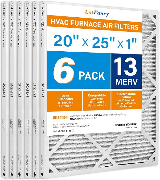 LotFancy 20x25x1 Air Filter MERV 13 6-Pack, Electrostatic Pleated HVAC Furnace