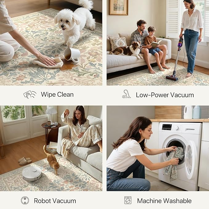 GENIMO 5x7 Washable Area Rug, Non-Slip Vintage Boho Floral Carpet, Soft Low-Pile Thin Bedroom Rug for Living Room, Dining Room, Nursery, Beige Pink