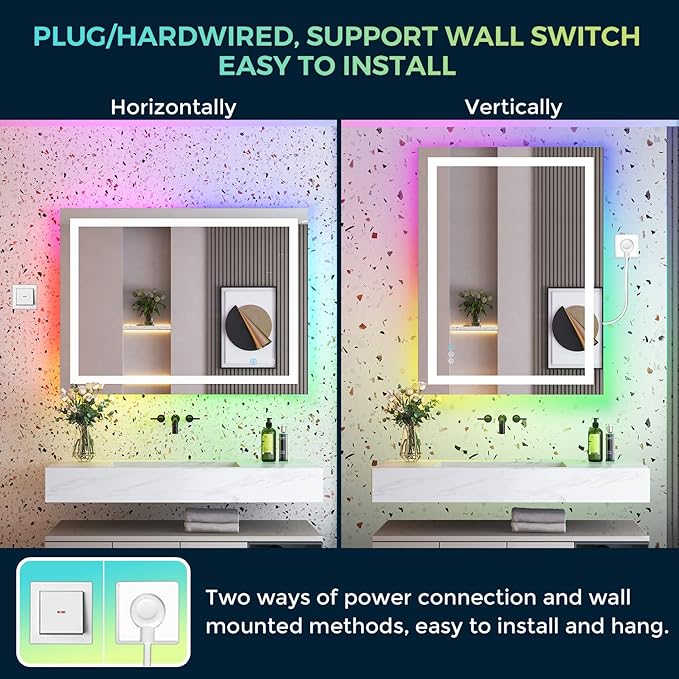 YEELAIT 48x36 Inch RGB LED Bathroom Mirror Front Light and RGB Backlit Lighted Vanity Mirror for Bathroom Wall Mounted Dimmable Anti Fog Memory Shatter-Proof IP54 Waterproof Horizontal/Vertical