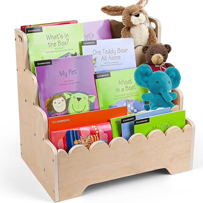 MBYD Wooden Kids Bookshelf 4-Tier, Scalloped Book Shelf for Kids, Front Facing Toddler Montessori Bookshelf, Baby Nursery Book Shelves, Children Bookcase Organizer for Bedroom Playroom Living Room