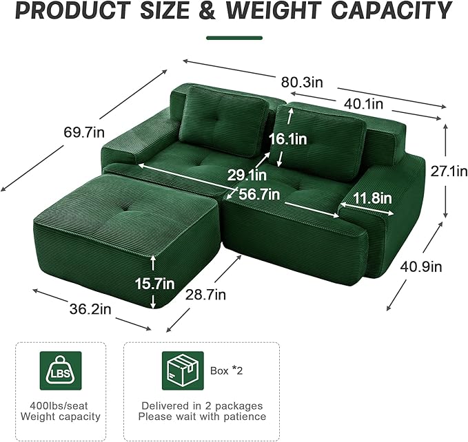 80" Modern Corduroy Boneless Love Seat Couches with 1 Ottoman, 2 Seater Large Sectional Couches for Living Room, Green Cloud Modular Sectional Sofa, Memory Foam, Extra Deep Loveseat, No Assembly