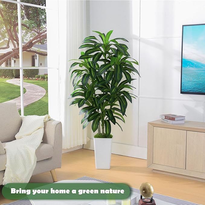 Artificial Dracaena Plant Indoor Fake Tree, Tall Fake Floor Plants with White Planter, Artificial Yucca Tree for Home Office Living Room Bedroom Farmhouse Modern Outdoor Topiary Tree(6 Trunks 6FT)