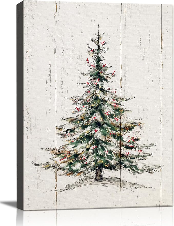 Retro Christmas Tree Canvas Wall Art - Vintage Pine Forest Framed Canvas Prints for Farmhouse Living Room, Rustic Christmas Wall Decor, Cozy Winter Decor & Ideal Christmas Gifts