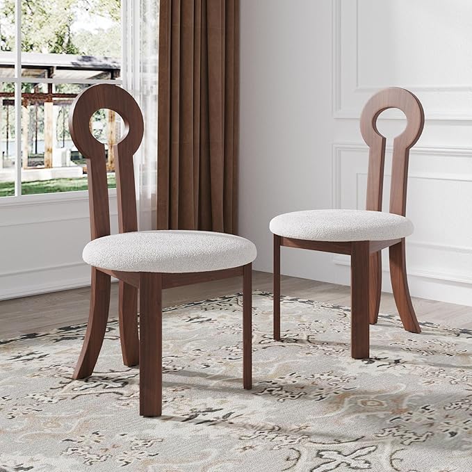 Wooden Dining Chairs Set of 6 Upholstered Kitchen & Dining Room Sherpa Chairs, Mid Century Modern Dining Chairs White with Walnut Legs
