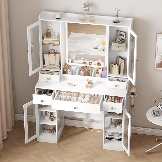 White Vanity Desk with Mirror and Lights, Makeup Vanity Table with Lighted Mirror, 5 Drawers & RGB Cabinet, Dressing Table Set with Charging Station for Girls Bedroom, 3 Lighting Modes