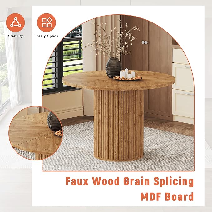 AZmac Round Dining Table Set for 4, Wooden Round Table 5-Piece with Modern Farmhouse Dining Table and 4 Fabric Chairs for Kitchen Dining Room, Wooden Table + 4 Gray Chairs