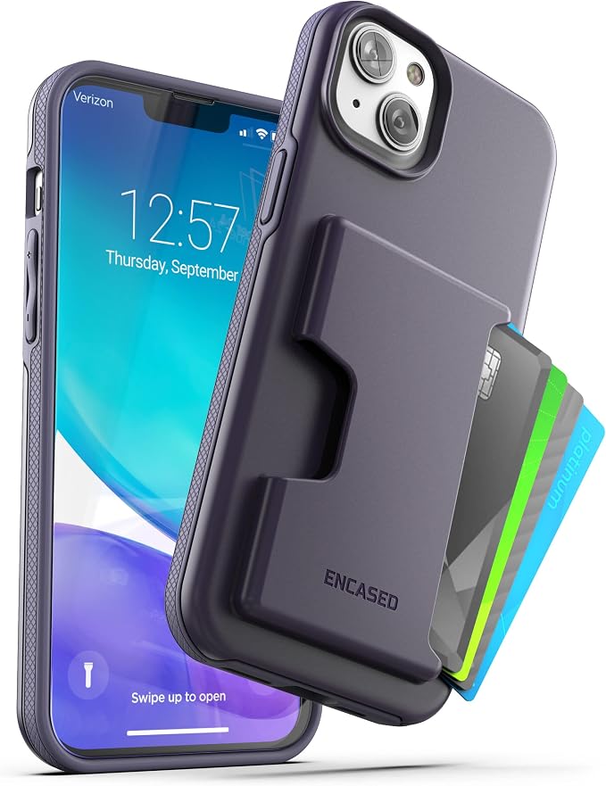 ENCASED Protective Wallet Case Designed for iPhone 14 with Card Holder and Screen Protector (4 Credit Cards/IDs) - Purple