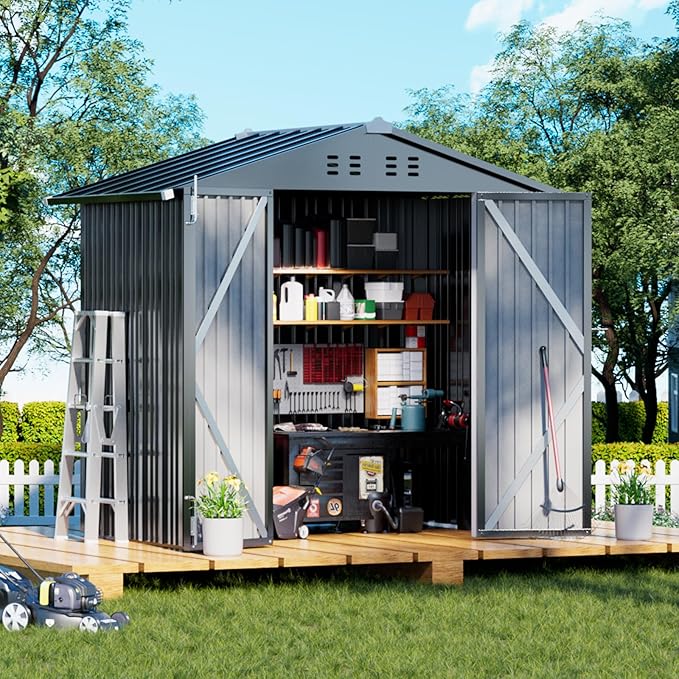 COMHOMA Shed Outdoor Storage Shed Metal,Lockable Doors Tool Sheds with Sloping Roof,Steel Garden Shed with Air Vent for Backyard,Patio,Lawn,Poolside (Dark Grey, 6x4)