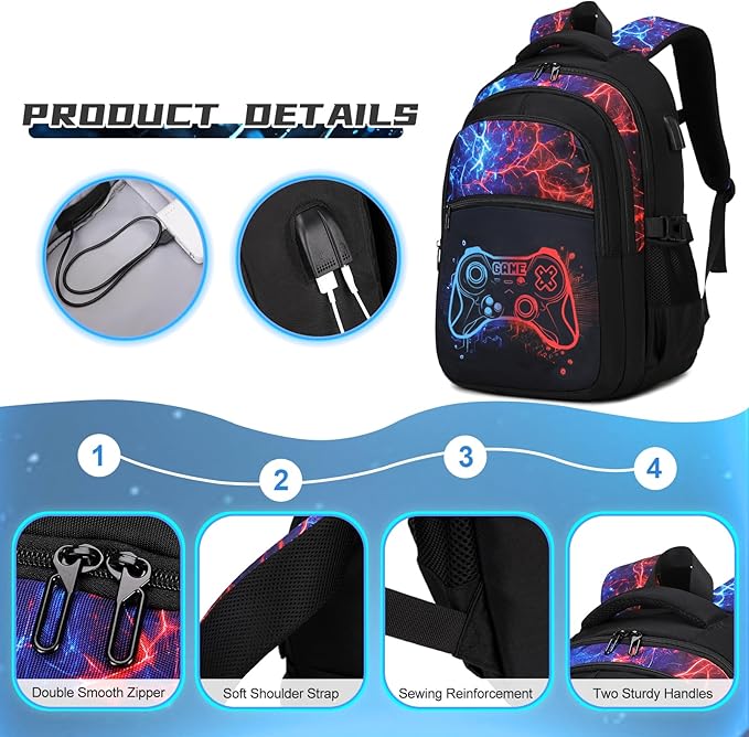 Boys Backpack for School, 3PCS Cool Luminous Gamer Backpack for Boys with Lunch Box Pencil Case, Kids Backpacks Bookbag for Teen Boy Elementary Middle High School with USB Charging Port
