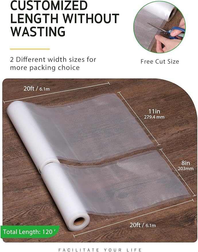 Syntus Vacuum Sealer Bags, 6 Pack 3 Rolls 11" x 20' and 3 Rolls 8" x 20' Commercial Grade BPA Free Bag Rolls, Food Vac Bags for Storage, Meal Prep or Sous Vide