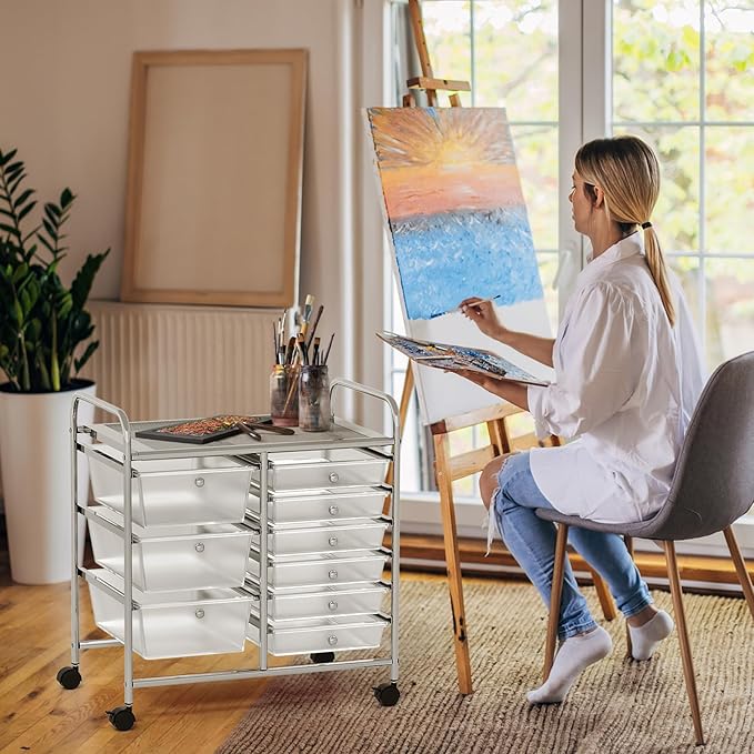 COSTWAY Rolling Storage Cart with 9 Drawer, Mobile Utility Cart with Metal Frame, Art Supply Craft Organizer, Multipurpose Storage Organizer for Paper, Office, School Teacher, Classroom, Transparent