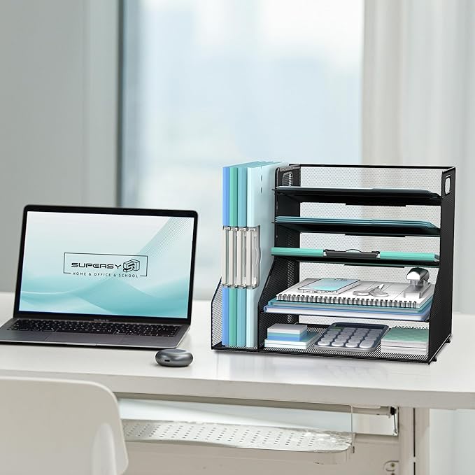 SUPEASY Desk Organizer with File Holder, 5-Tier Mesh Paper Letter Tray with Magazine Holder, Desktop Organizer and Storage for Desk Accessories Office Supplies, Black