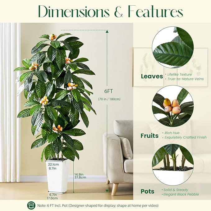 Artificial Loquat Tree：6FT Realistic Tropical Fruit Plants Fake Large Tall Tree Silk Floor Plants in White Pot with Golden Loquat Fruit for Home Decor Indoor Outdoor Room Patio Entryway Garden