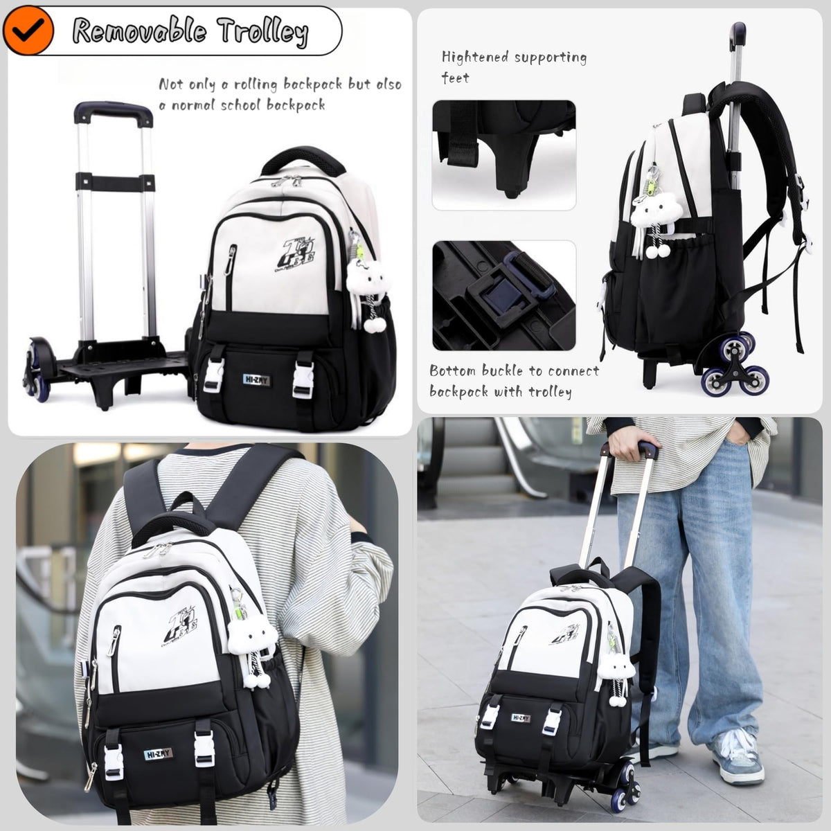 GRUOTEIS Girls Boys Rolling Backpack, Elementary Middle School Kids Bookbag Roller Backpack for Boys Girls with 2 Wheels, White