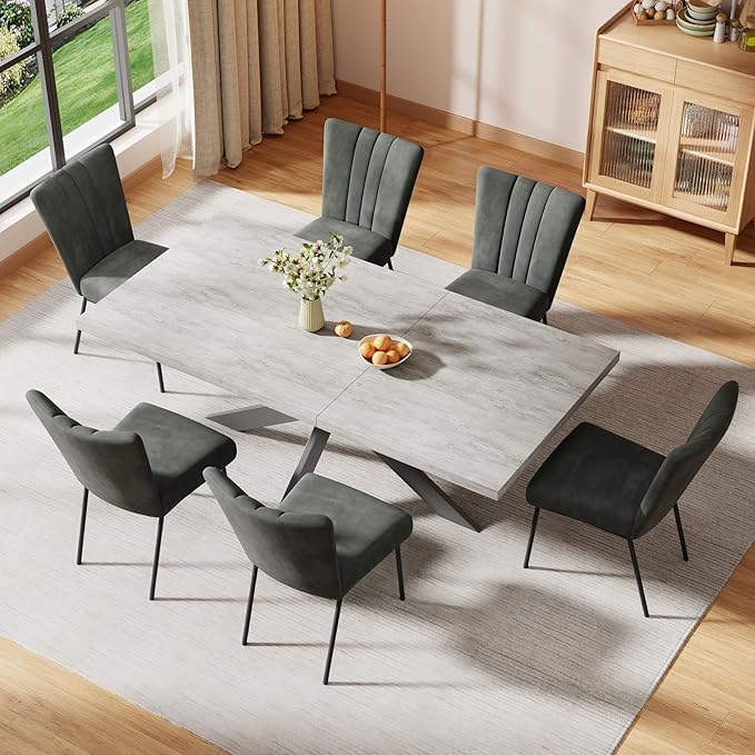 ZckyCine 6-Piece Extendable Dining Table Set, Modern 63''–79'' Grey Wood Table with 6 Grey Fabric Chairs, Dining Room Table and Chairs for 6, Ideal for Kitchen or Dining Room