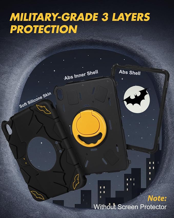 for iPad 10th Generation Case 10.9 Inch for iPad A16 Case 11th Generation - Boys Men Cute Cartoon Black Heavy Duty Shockproof Rugged Protective Cover with Rotating Stand &amp Strap &amp Pen Holder