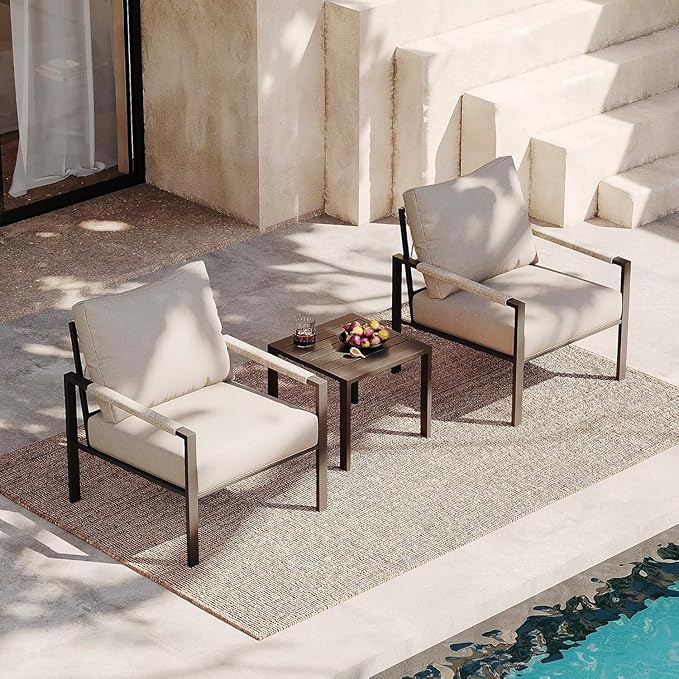 Sundale Outdoor 3 Pieces Patio Rattan Furniture Set, All-weather Metal Outdoor Conversation Set with 6 Inch Cushions and Coffee Table, Outdoor Sofa Set for Garden, Backyard, Porch, Balcony, Light Grey