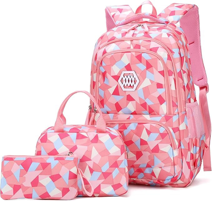 3Pcs Geometric Print Kids Backpack Set for Girls with Lunchbox, Capacity Elementary Middle School Bag Girls Backpack and Lunchbox Set