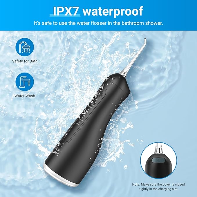 R REVA Portable Water Flosser for Teeth - 4 Modes Cordless Oral Irrigator with 300ML Tank, 360° Rotating Nozzle, 4 Jet Tips, Rechargeable, IPX7 Waterproof, Low Noise Gravity Ball Design (M159 - Black)