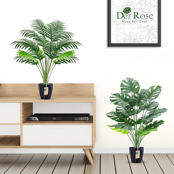 Der Rose 2Packs 28'' Fake Palm Tree Large and Artificial Monstera Plants Outdoor for Home Living Room Porch Balcony Garden Decor Indoor