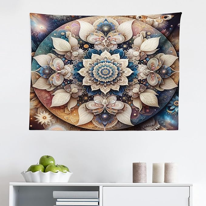 Ambesonne Mandala Tapestry, Dreamy Composition of Astral Atmosphere Blooming Trippy Floral Boho, Fabric Wall Hanging Decor for Bedroom Living Room Dorm, 28" X 23", Eggshell Sea Blue Indigo