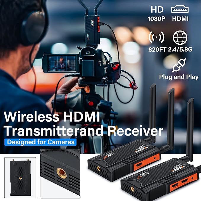 Wireless HDMI Transmitter and Receiver,250m(820ft) Wireless HDMI Extender Kit with Loop Out,2.4/5.8GHz 1080P Full HD for Streaming from DSLR,Laptop,TV Box,PS4 to TV/Projector IR Support.