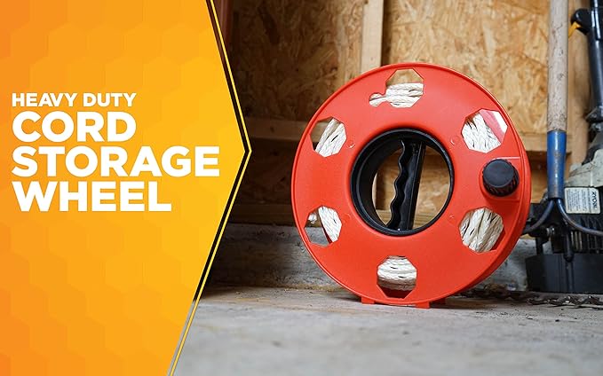 Woods Heavy Duty Cord Storage Wheel - Holds Up to 150 Feet of 16/3 or 125 Feet of 14/3 Gauge Cord - Tangle-Free Design for Extension Cords, Rope, or Hose - - Black