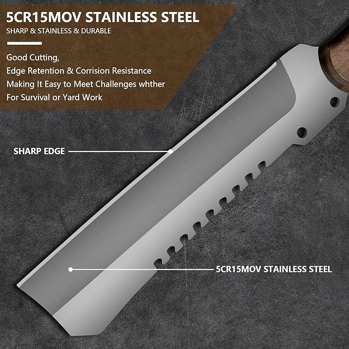 Machete w Sheath for Yard Work, 15'' Full Tang Camping Machete for Cutting Trees Heavy Duty, Survival Machetes, 0.22’’ Thick 5CR15MOV Stainless Steel Blade Spine & Wood Handle, Clearing Brush and Gardening