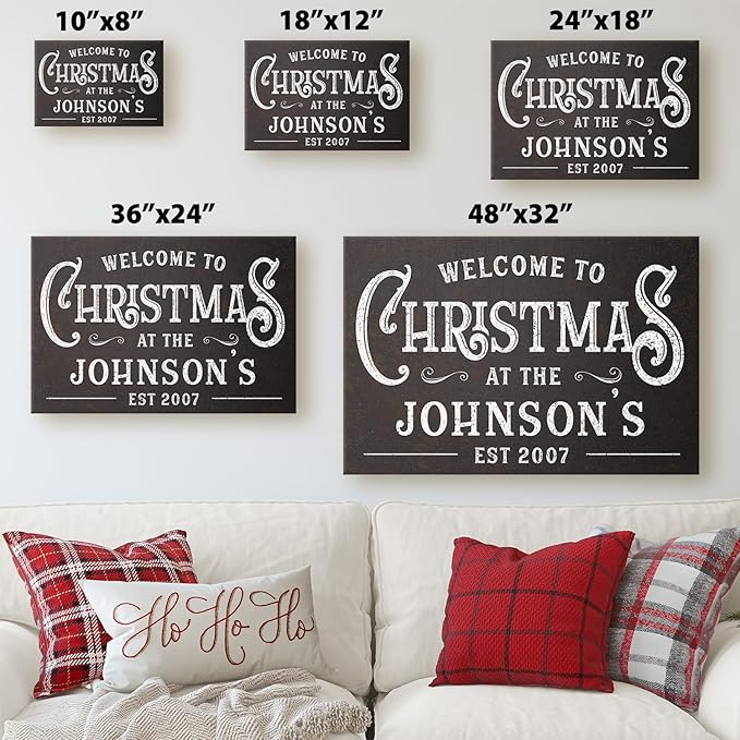 Milweb1 Personalized Family Name Welcome To Christmas/Rustic Vintage Farmhouse Holiday Decor Canvas Sign Holiday Decorations Wall Decor Print (32"x48")