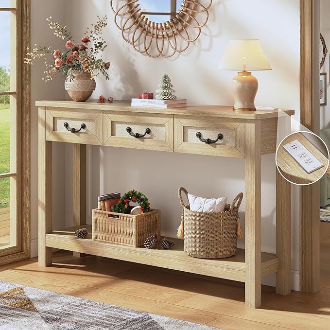 47.2" Console Table with 3 Rattan Drawers, Long Sofa Table with Storage Behind Couch, Modern Entryway Table with Power Outlet & Open Shelf for Entrance/Hallway/Foyer/Living Room, Natural