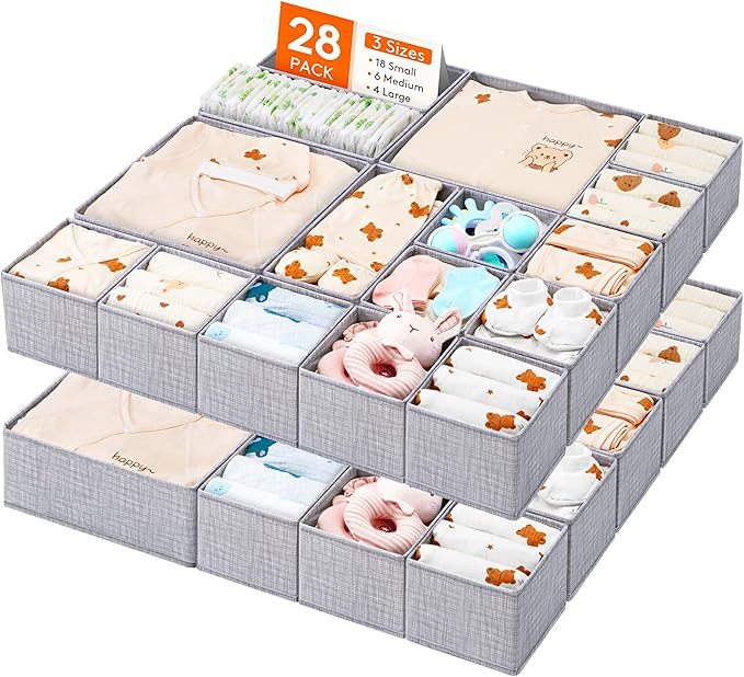 Lifewit Nursery Drawer Organizer for Clothes 28 Pack, Certified Child-safe Dresser Drawer Divider Storage Bins, Foldable Clothing Storage Basket for Baby Clothes/Underwear/Sock/Diaper in Closet