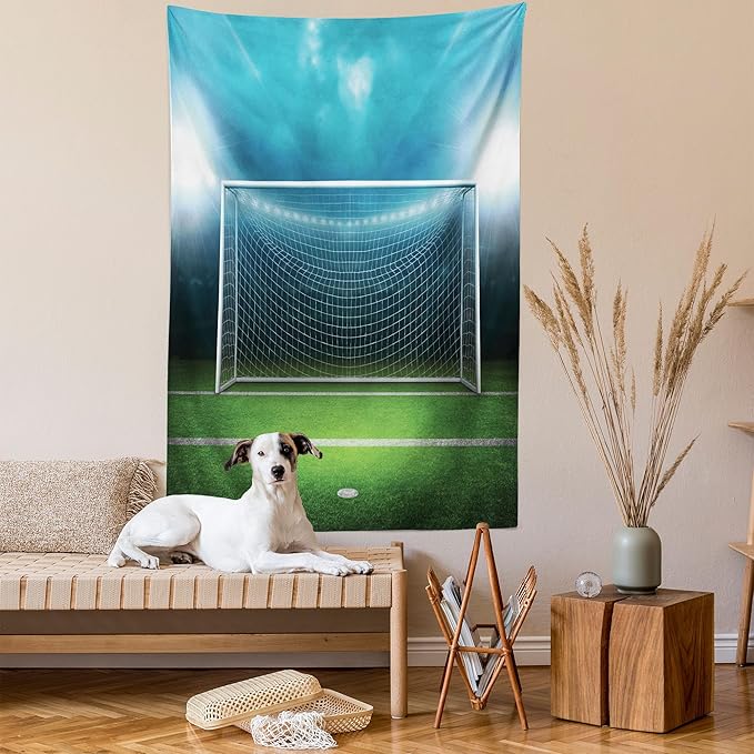 Ambesonne Soccer Tapestry, Soccer Goal Post Sports Area Winner Loser Line Floodlit Best Team Finals Game Theme, Fabric Wall Hanging Decor for Bedroom Living Room Dorm, 23" X 28", Green and Blue