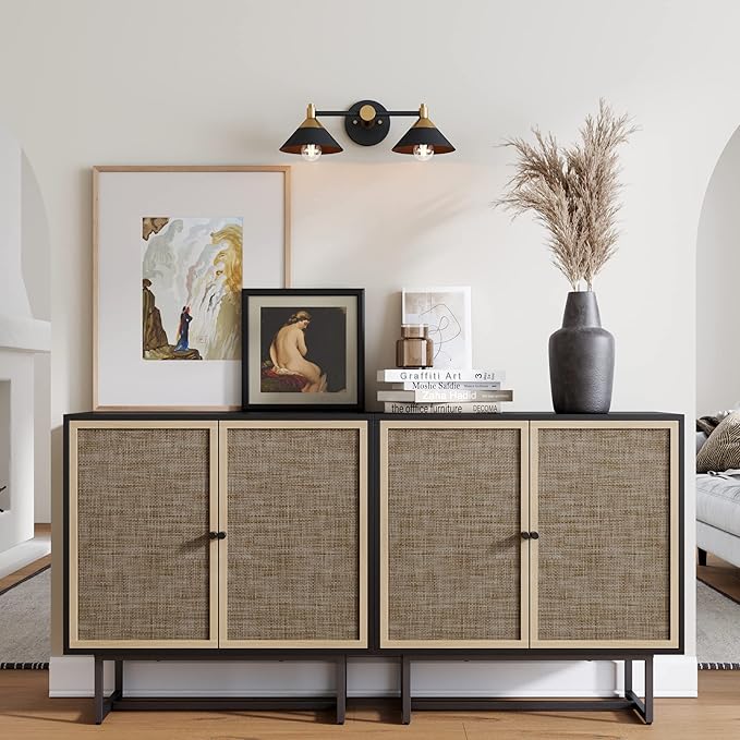 Nathan James Kova Rattan Wood Accent Sideboard Storage Cabinet TV Stand with Matte Metal Frame, Adjustable Shelves and Cane Doors, for Hallway, Entryway or Living Room, Black Oak/Cane, Set of 2