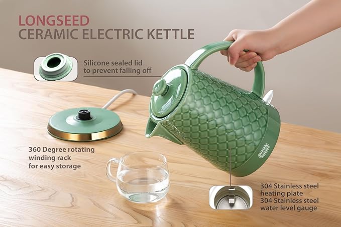 LONGSEED 1.5L Ceramic Electric Kettle, 1200W Fast Boil Retro Tea Pot with LED Light, BPA-Free Porcelain Cordless Water Boiler, Auto Shut-Off & Boil-Dry Protection, Green Relief Carving