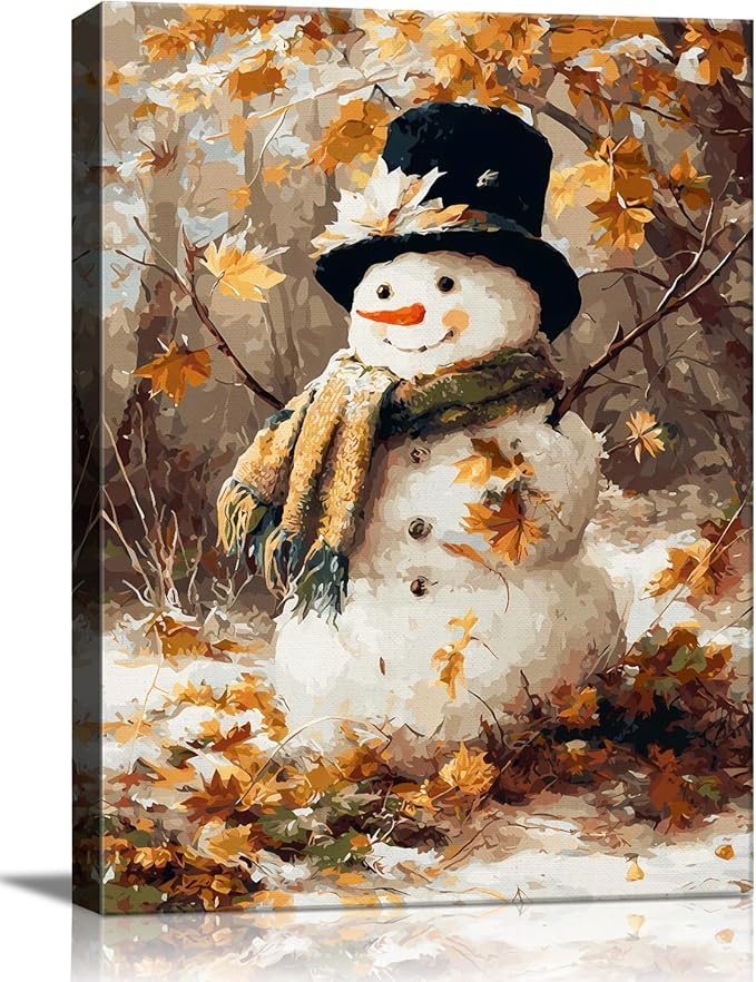 Vintage Snowman in Forest Christmas Canvas Wall Art - Rustic Winter Landscape Framed Print for Living Room, Cozy Christmas Wall Decor, Ideal Christmas Gifts & Festive Winter Decor