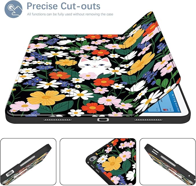 Case for iPad 6th / 5th Generation 9.7-inch iPad Air 2 /Air 1 | Smart Trifold Stand Shockproof Case with Pencil Holder Auto Wake/Sleep Cover Viewing &amp Typing Angles Black Flowers