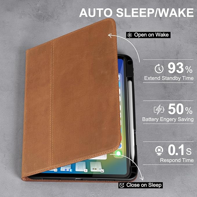 Leather Case for iPad (A16) 11th (11)/ 10th Generation (10.9) Full Grain LeatherProtective Smart Folio Cover with Pencil Holder Auto Sleep/WakeAnti Slip Black Silver