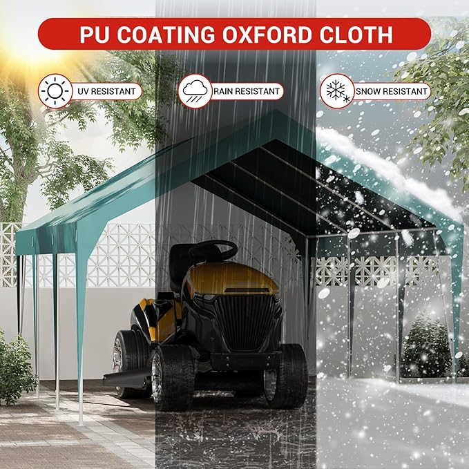 12x20FT Heavy Duty Carport Canopy with Sturdy Frame, Portable Waterproof and UV-Resistant Garage Shelter, Adjustable Height for Car, Boat, Outdoor Storage and Parties Green